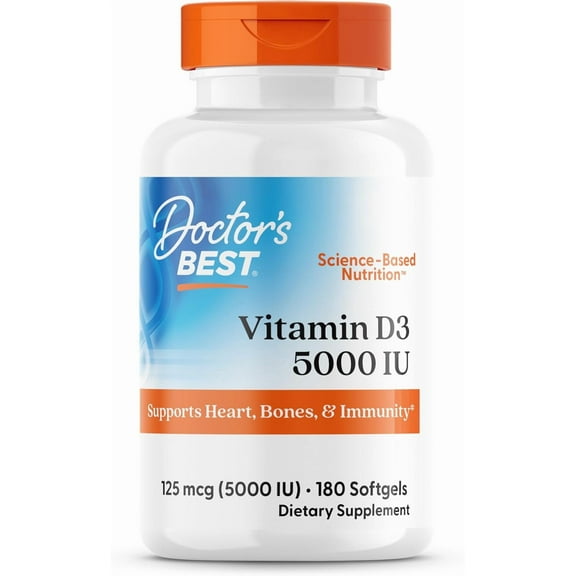 Doctor's Best Vitamin D3 5000IU, Non-GMO, Gluten & Soy Free, Regulates Immune Function, Supports Healthy Bones, White, No Flavour, 180 Count