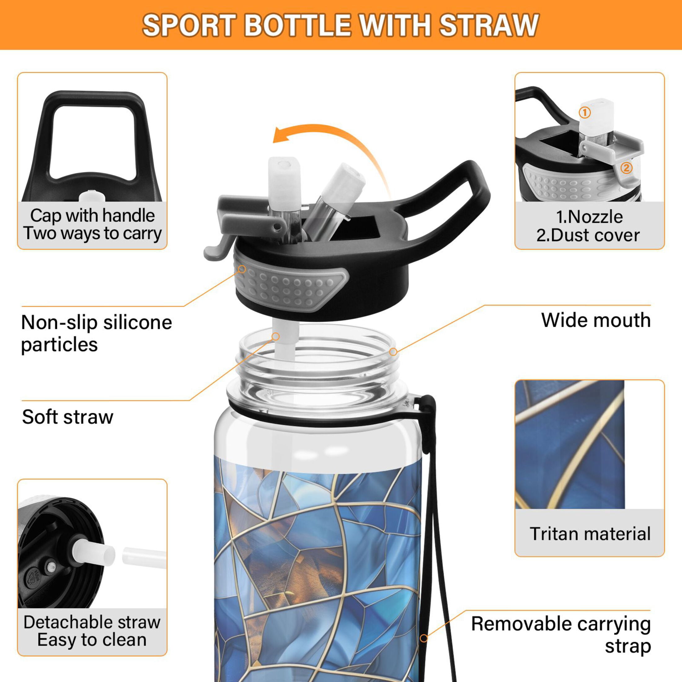 Stained Glass Sports Water Bottle 32oz with Straw for Kids Travel Mug BPA Free Leak Proof for School