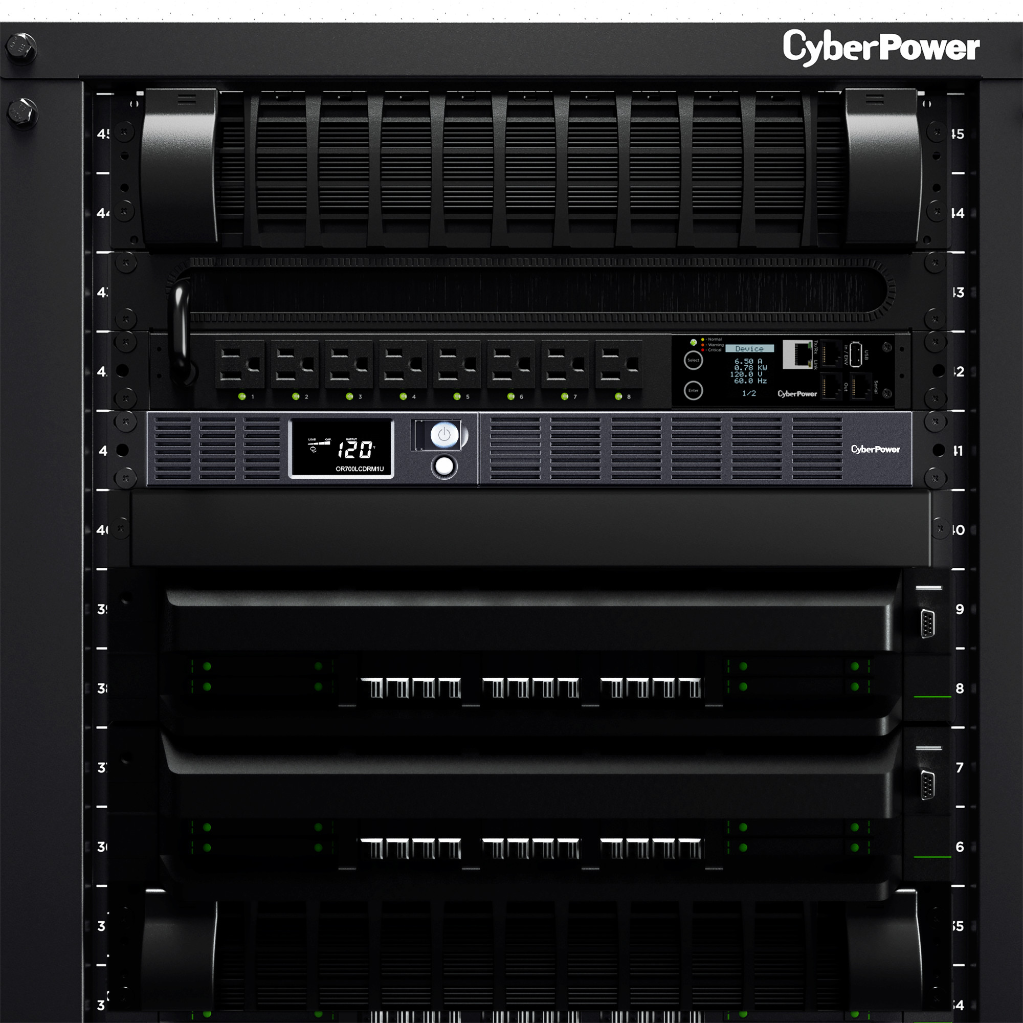 CyberPower OR700LCDRM1U UPS, 700VA/400W, 120V, 6 Outlets, LCD, AVR, 10 ft Cord-Includes Rack Hardware