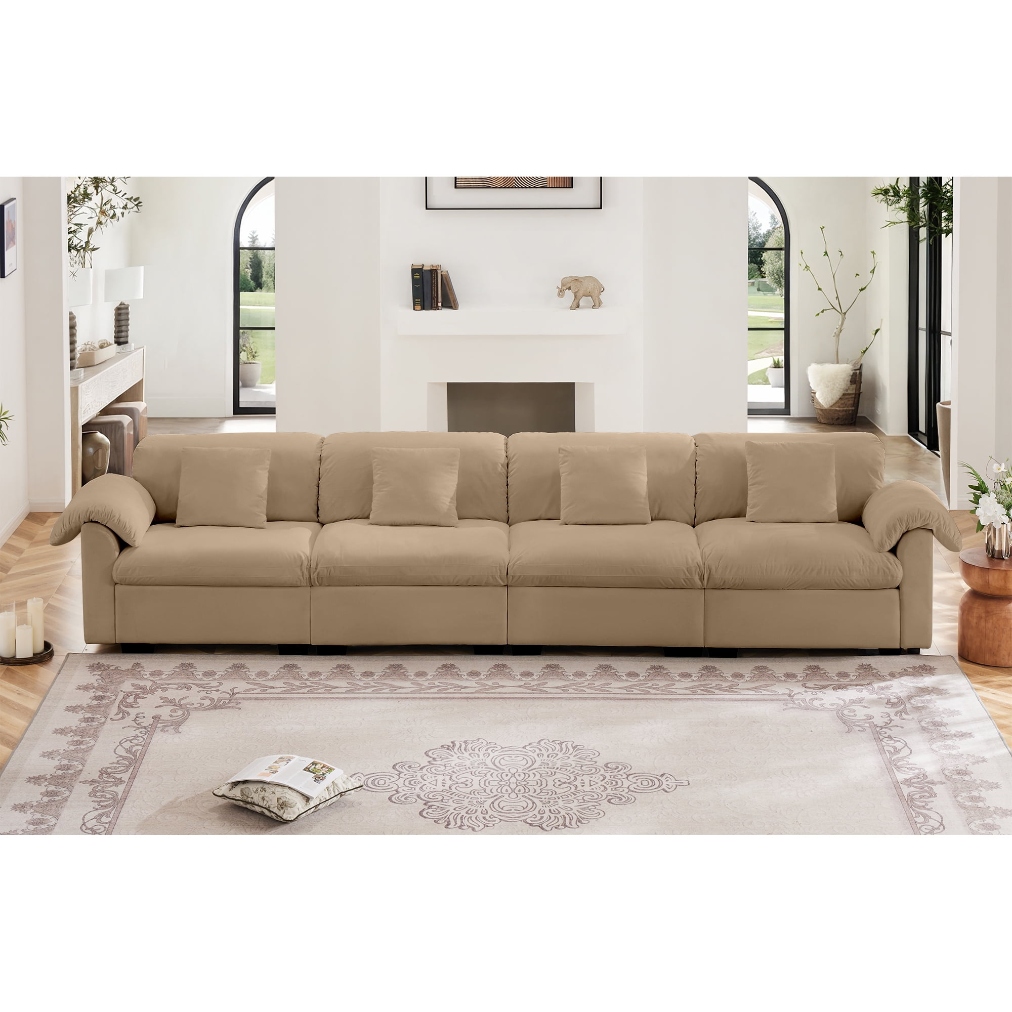 Gewnee Modern 4 Seaters 154.7"Deep Seat Comfy Velvet Oversize Sofa Couch with 4 Waist Pillows for Living Room