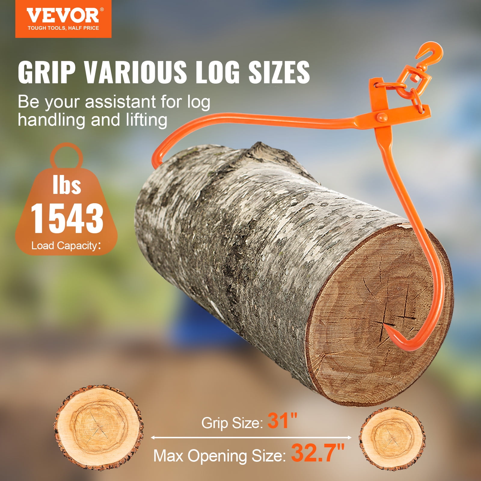 BENTISM Log Skidding Tongs, 32 inch 2 Claw Log Lifting Tongs, Heavy Duty Rotating Steel Lumber Skidding Tongs, 1543 lbs/700 kg Loading Capacity, Log Lifting, Handling, Dragging & Carrying Tool