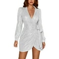 thumbnail image 2 of BLTIBY Women Sequin Evening Dress Hip Wrap V-Neck Ruched Waist Long Sleeve Glitter Cocktail Party Short Slim Formal Gown with Belt White M, 2 of 7