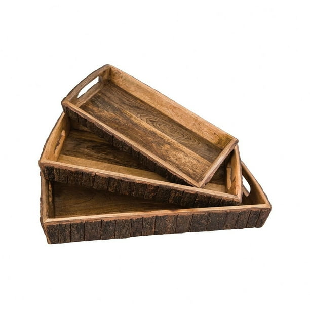 Natural Wood Carved Trays Set Of 3 In Natural - Serving Standard With ...