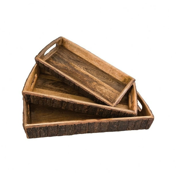 Natural Wood Carved Trays Set Of 3 In Natural Serving Standard With