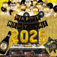 thumbnail image 4 of Suministros y decoraciones para fiestas de Nochevieja de 2025: globos de aluminio grandes, pancarta de Feliz Año Nuevo, cortinas de aluminio dorado, globos de confeti dorados y negros para, 4 of 6