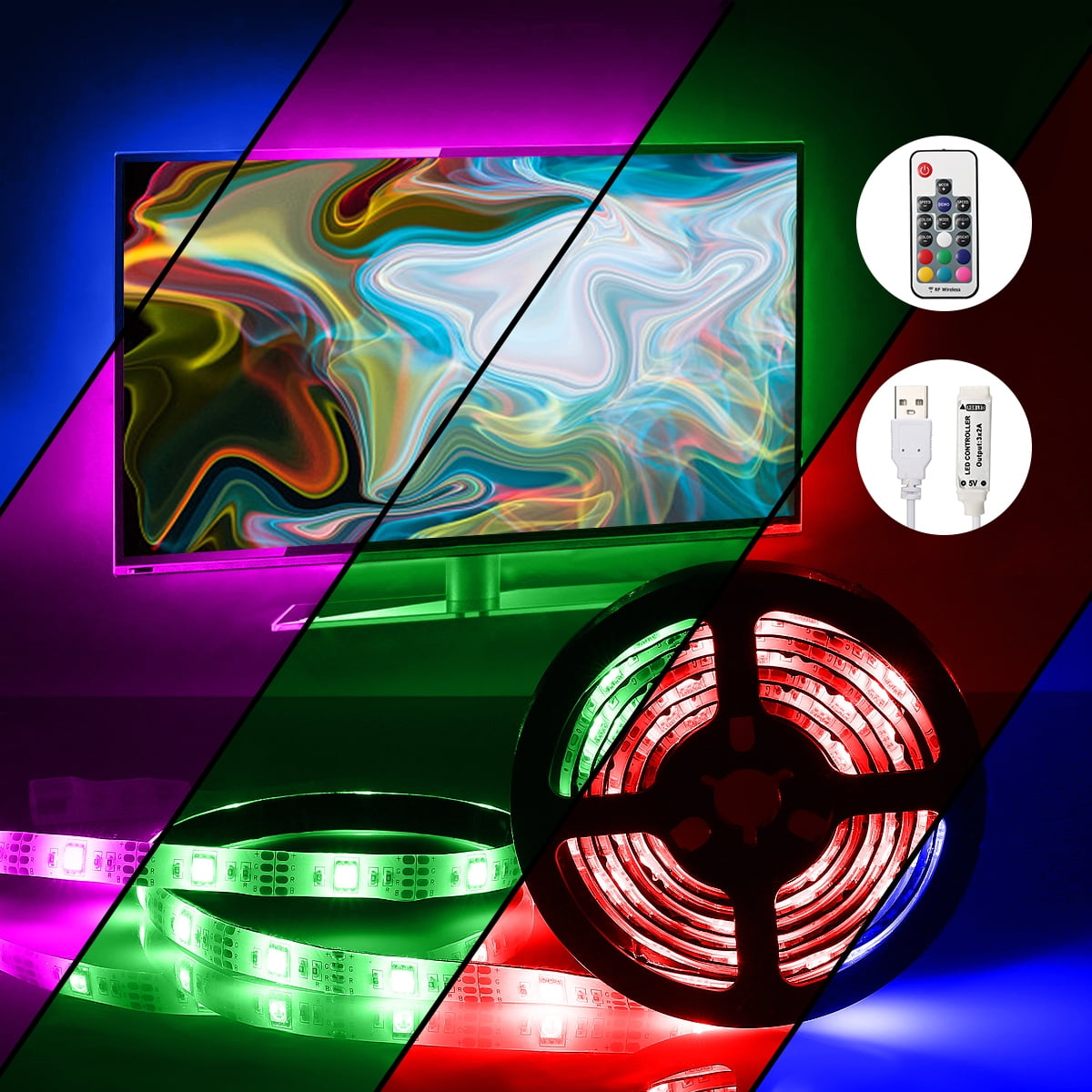 LED Strip Lights, 6.5FT TV Backlight Strip Backlight Kit Colorful Light Bar 5050 RGB with 17key LED Strip Lights, 6.5FT TV Backlight Strip Backlight Kit Colorful Light Bar 5050 RGB with 17key