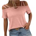 thumbnail image 2 of Summer Saving Wycnly Womens Tops Dressy Casual Going out Sexy off Shoulder Strap Keyhole Tunic Tees Shirts Summer Short Sleeve Round Neck Tops Solid Blouse Pink l, 2 of 7