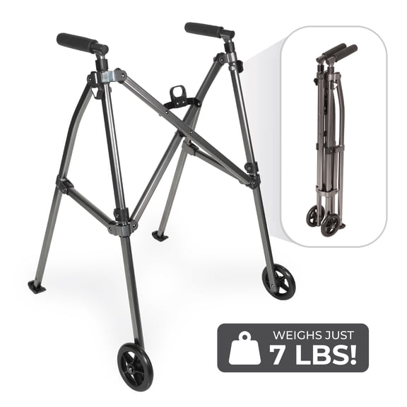 Stander Wonder Walker with 5-inch Wheels, Lightweight Folding Walker for Seniors, Collapsible Travel Walker with Wheels and Ski Glides, Black