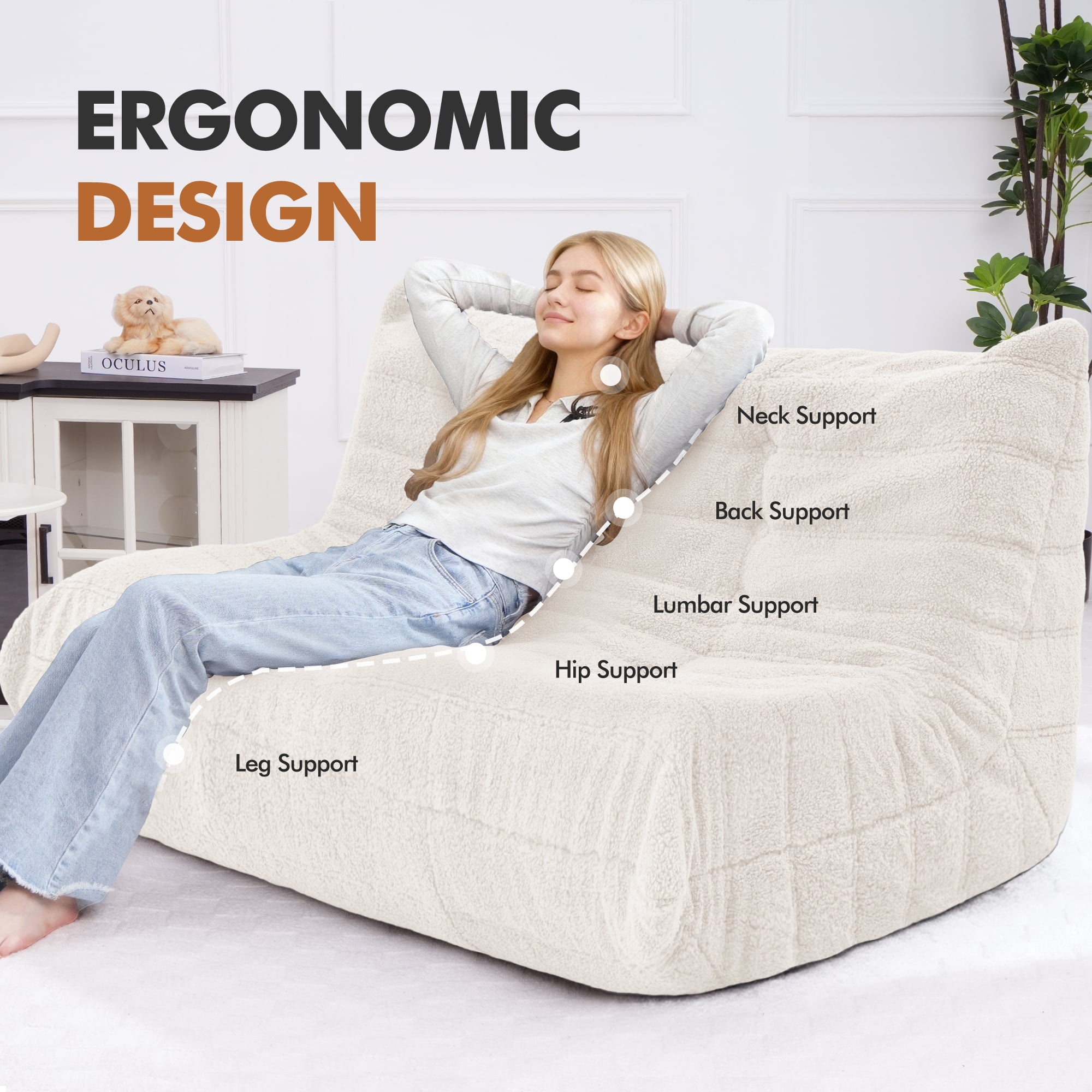 HARIPUL Bean Bag Loveseat Chair, Memory Foam Filled Teddy Fabric Sofa for Adults, Fireside Lounge Chair for Home, Apartment or Gaming Room, Beige