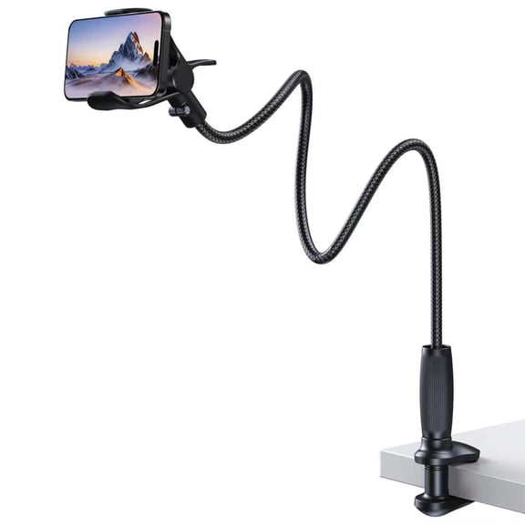 Lucrave Gooseneck Phone Holder for Bed & Desk, 38 Inch Flexible Long Arm, 360° Adjustable Clamp Mount, Compatible with iPhone 17 16 Pro Max, 15 14 & 4-7 Inch Devices, Black