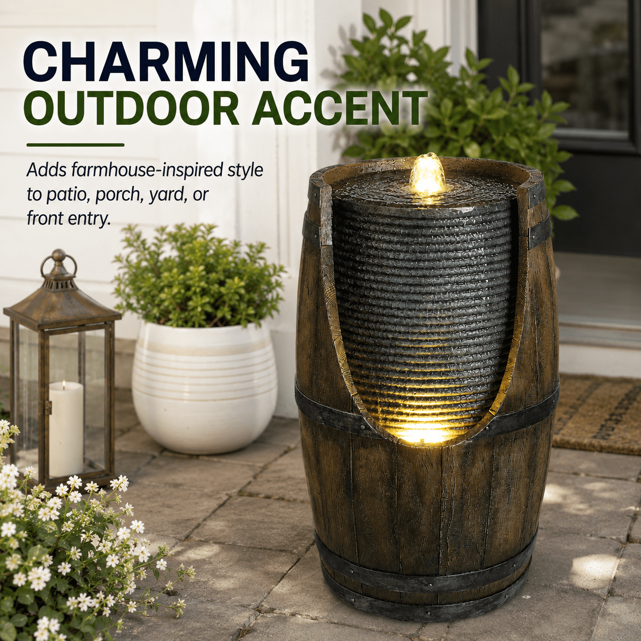 Aukfa Farmhouse Barrel Outdoor Water Fountain with LED Lights for Patio Garden Yard,Green