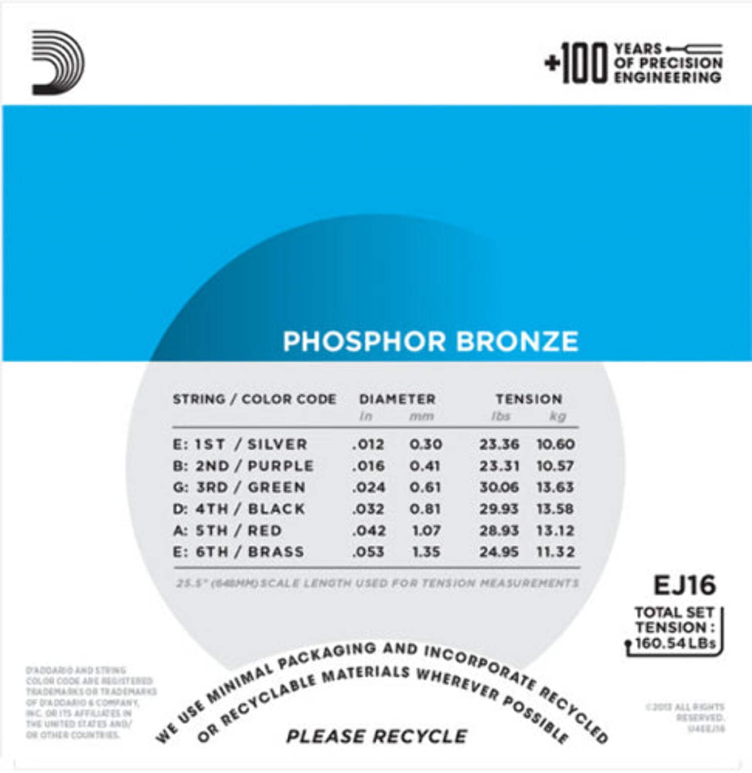 D'Addario EJ16-B25 Phosphor Bronze Acoustic Guitar Strings, Light, 25 Bulk Sets