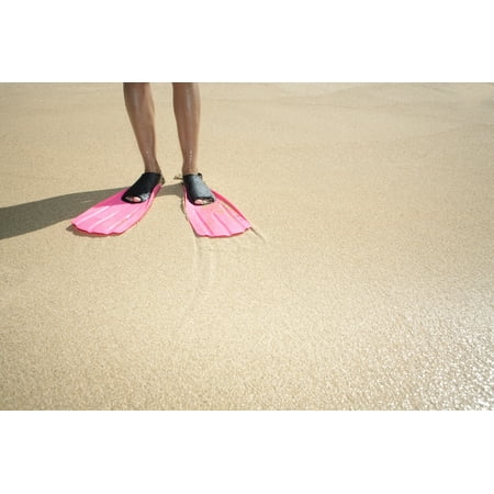 Hawaii Woman Wearing Pink Snorkel Flippers On Sandy Beach
