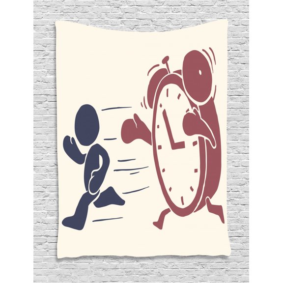 Time out Tapestry, Vintage Conceptual Illustration of Time is Running Alarm Clock, Wall Hanging for Bedroom Living Room Dorm Decor, 60W X 80L Inches, Dried Rose Dark Blue Beige, by Ambesonne