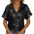 thumbnail image 3 of Womens Button Down Shirts Sequin Solid Dressy Casual Lapel Collar V-Neck Short Sleeved Blouses Tops Relaxed Fit Casual Work Blouses, 3 of 8