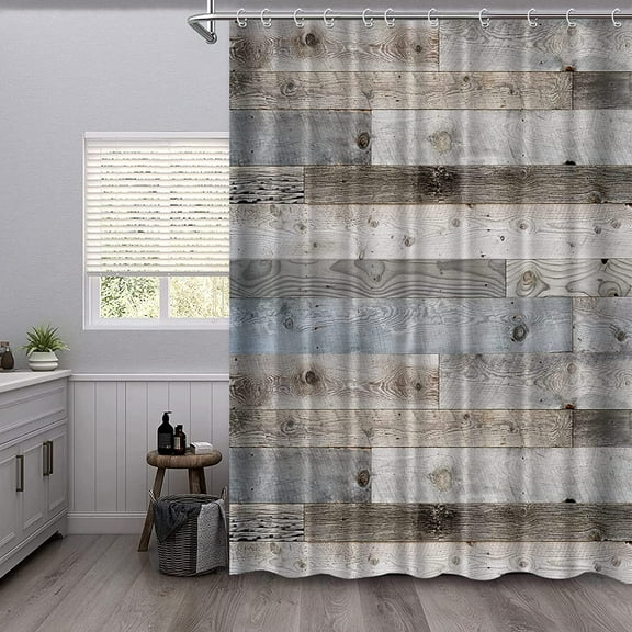 Rustic Shower Curtain Farmhouse Barn Door Wooden Floor for Bathroom Curtains Fabric Waterproof with Hooks, Grey, 72" x 72"