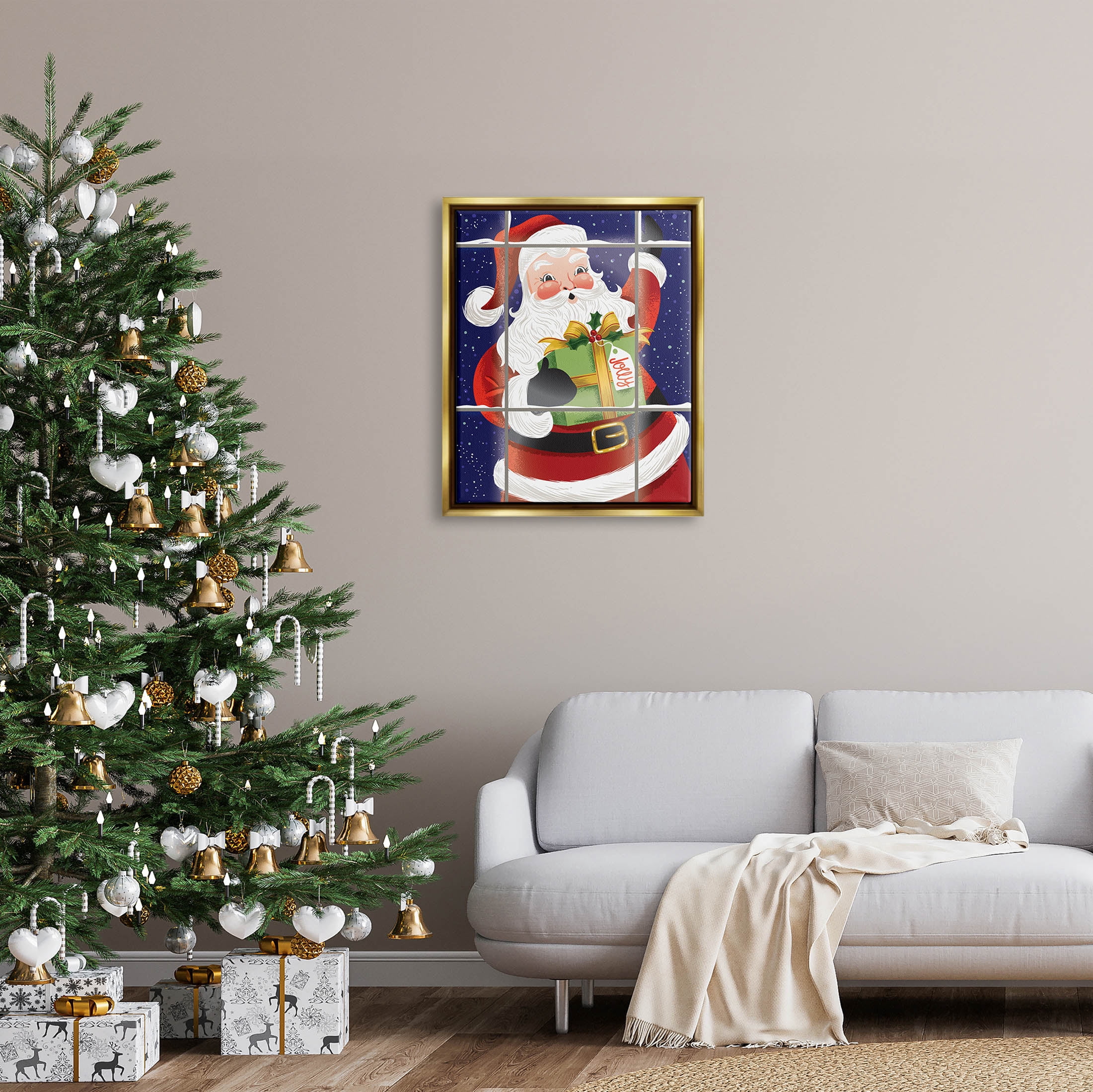 Stupell Industries Vintage Jolly Santa Window Graphic Art Metallic Gold Floating Framed Canvas Print Wall Art, Design by Arrolynn Weiderhold