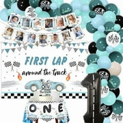 First Lap Around The Track Backdrop Photo Banner Cake Topper High Chair Banner Foil Balloon Garland Arch Kit for Race Car 1st First Birthday Decoration Boy