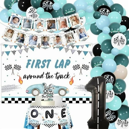 First Lap Around The Track Backdrop Photo Banner Cake Topper High Chair Banner Foil Balloon Garland Arch Kit for Race Car 1st First Birthday Decoration Boy