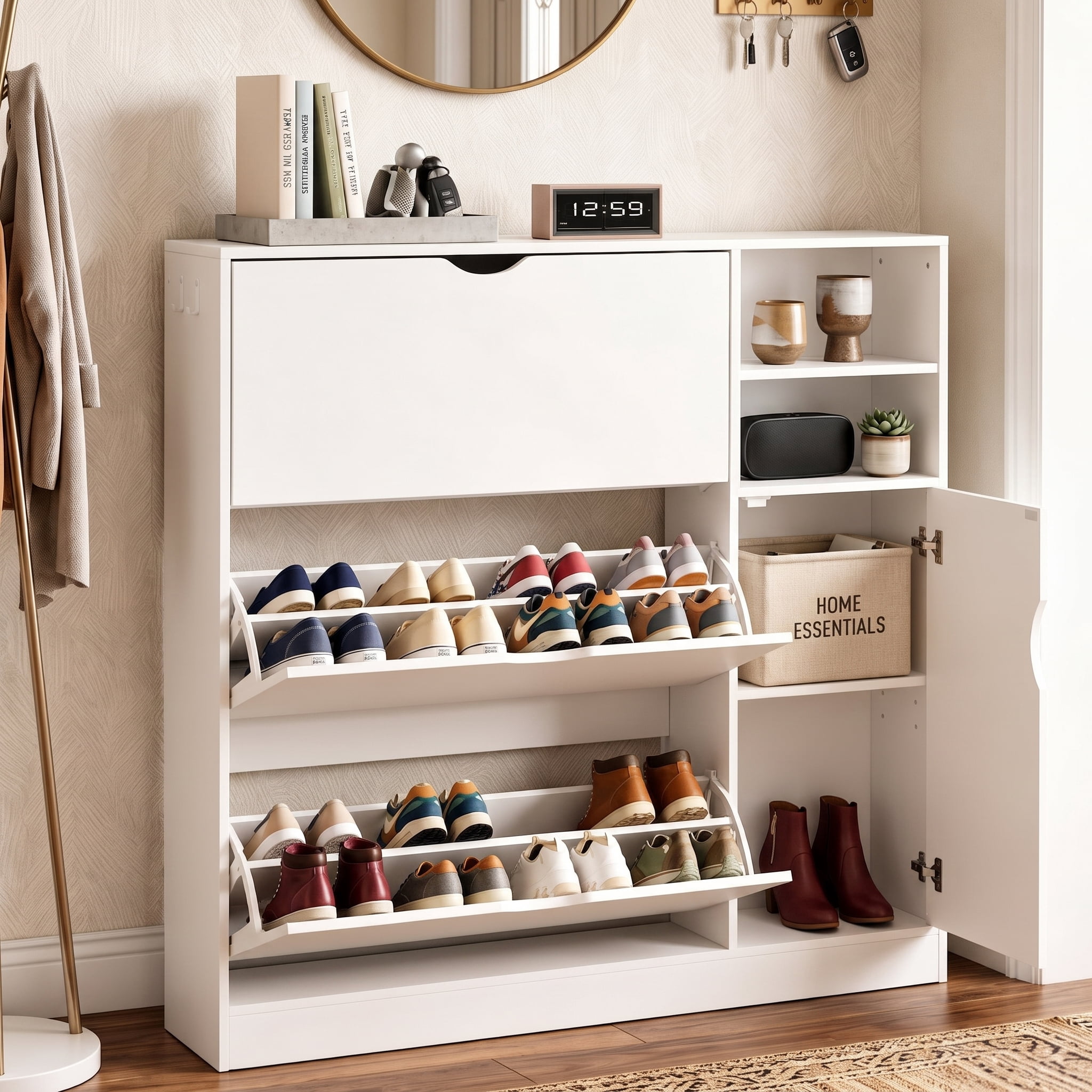 Veanerwood Rattan Shoe Cabinet, 4 Flip Drawers, 40 Pair Storage Veanerwood Rattan Shoe Cabinet, 4 Flip Drawers, 40 Pair Storage