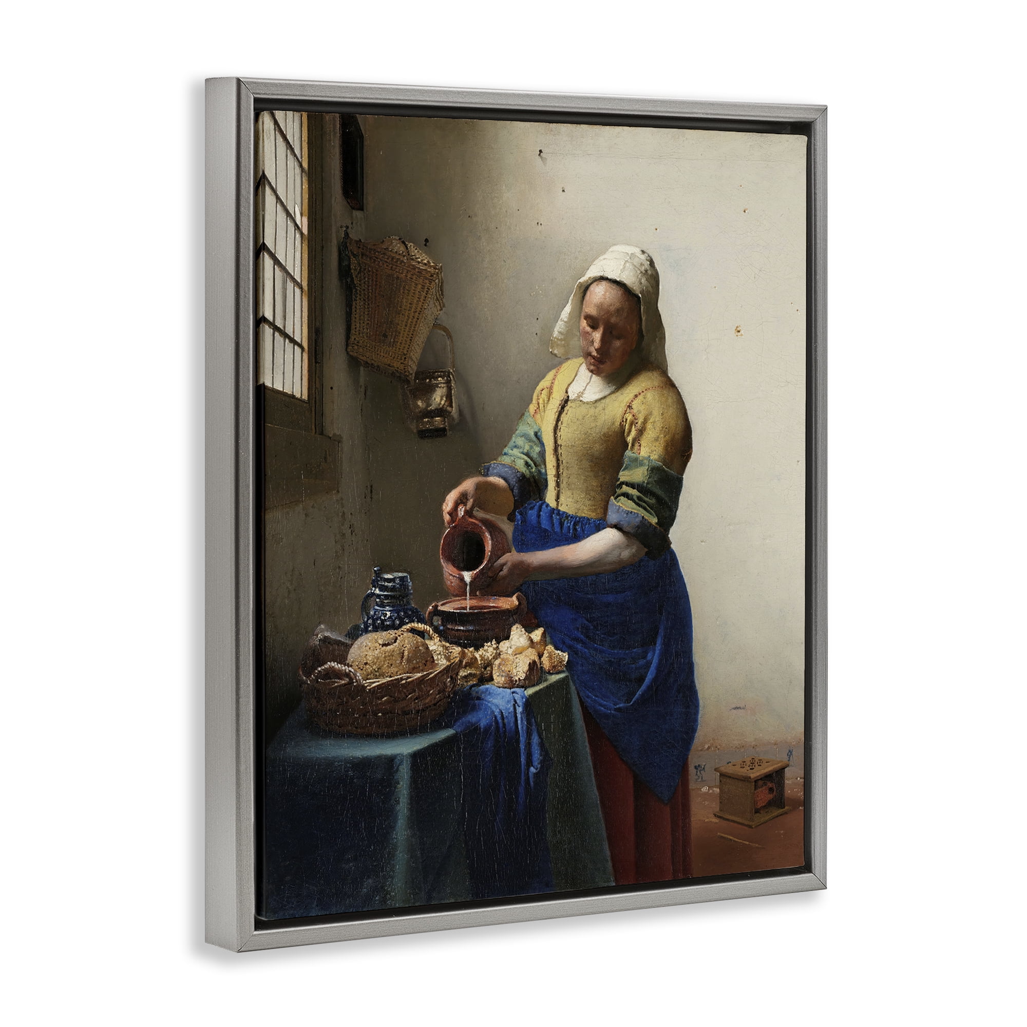 Stupell Industries Classical Vermeer The Milkmaid People Painting Gray Floater Framed Canvas Art Print Wall Art, 17 x 21