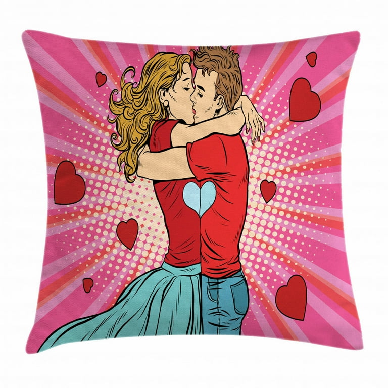 Boyfriend Throw Pillow Cushion Cover Pop Art Style Image Couple Kissing Each Other Passionately on a Romantic Date Decorative Square Accent Pillow
