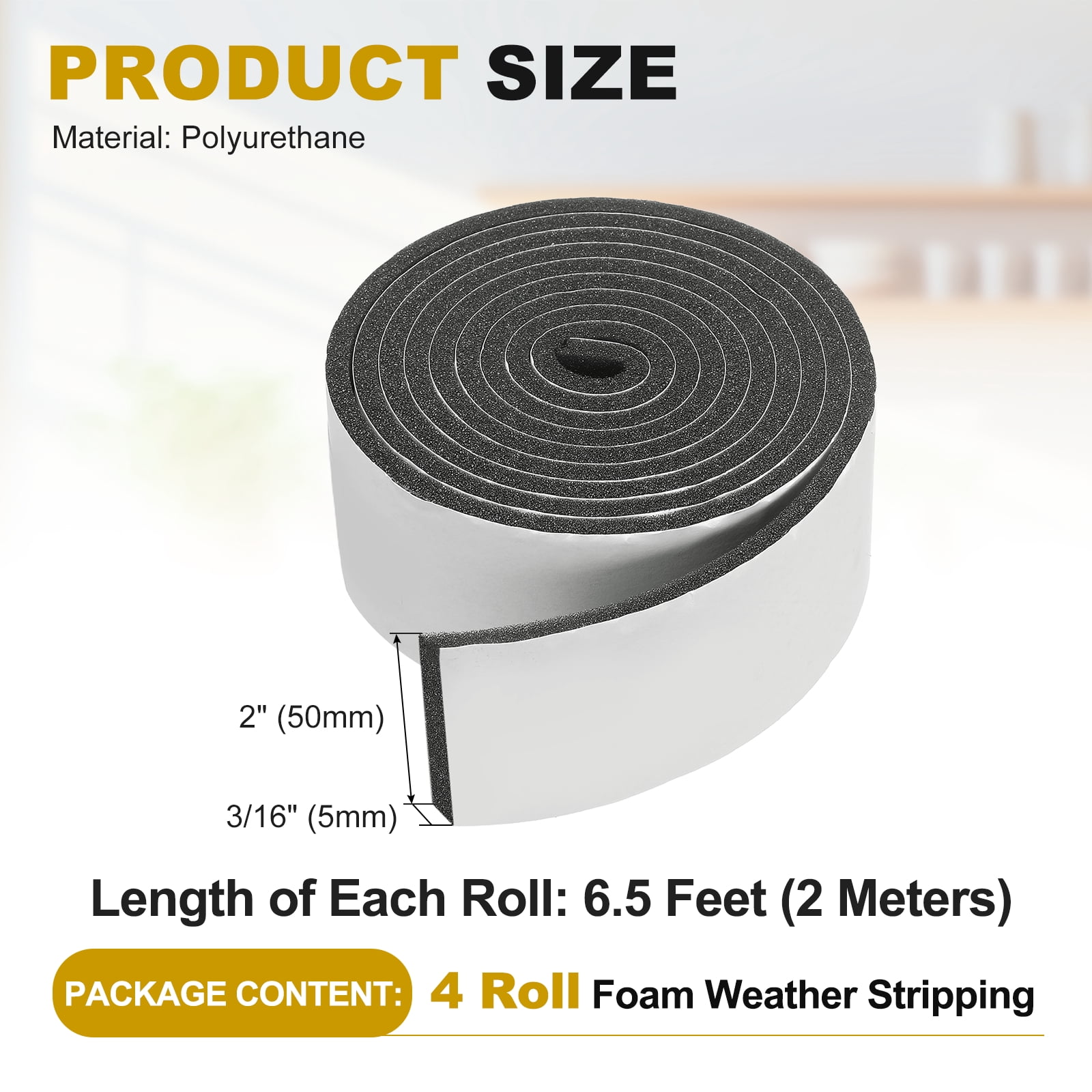 Weather Stripping Door Seal, 4 Rolls 2" x 3/16" Adhesive Foam Tape Seal Soundproof Insulation Strips for Door Frame Window Gaps (26 Feet Total, 6.5 Feet/Roll)