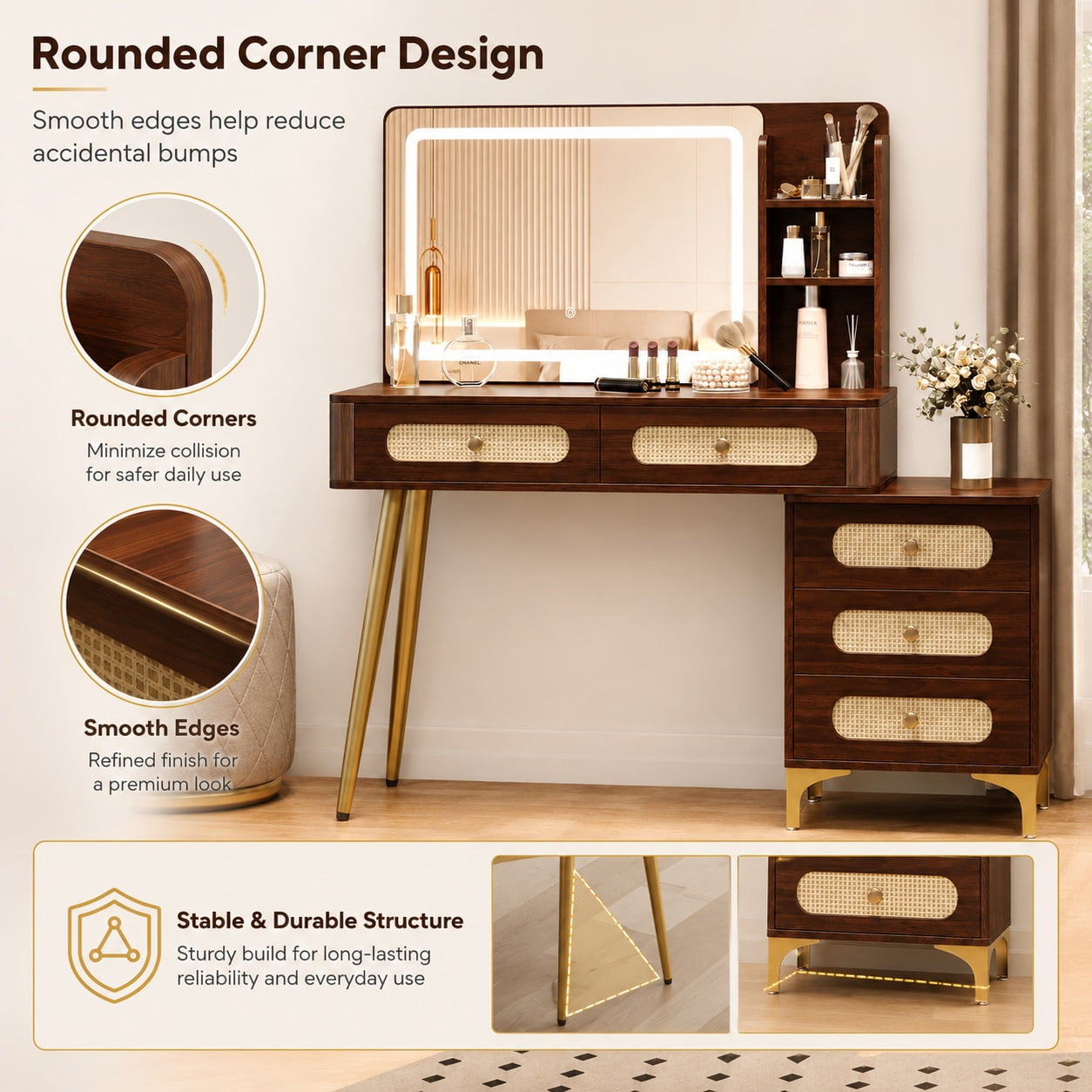 Aukfa 47.2" Rattan Makeup Vanity Desk with Lighted Mirror, Vintage Wood Vanity Table with 5 Drawers & Shelves, Gold Metal Legs, Walnut