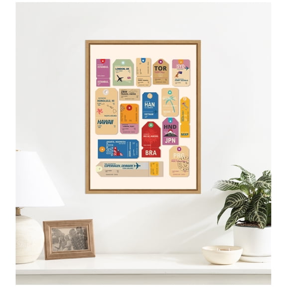 Kate and Laurel Framed Canvas Wall Art Print Travel Tags by Honey Island Studio, 18 x 24 Sylvie Natural Frame, Modern Contemporary, Global Art for Wall Decor