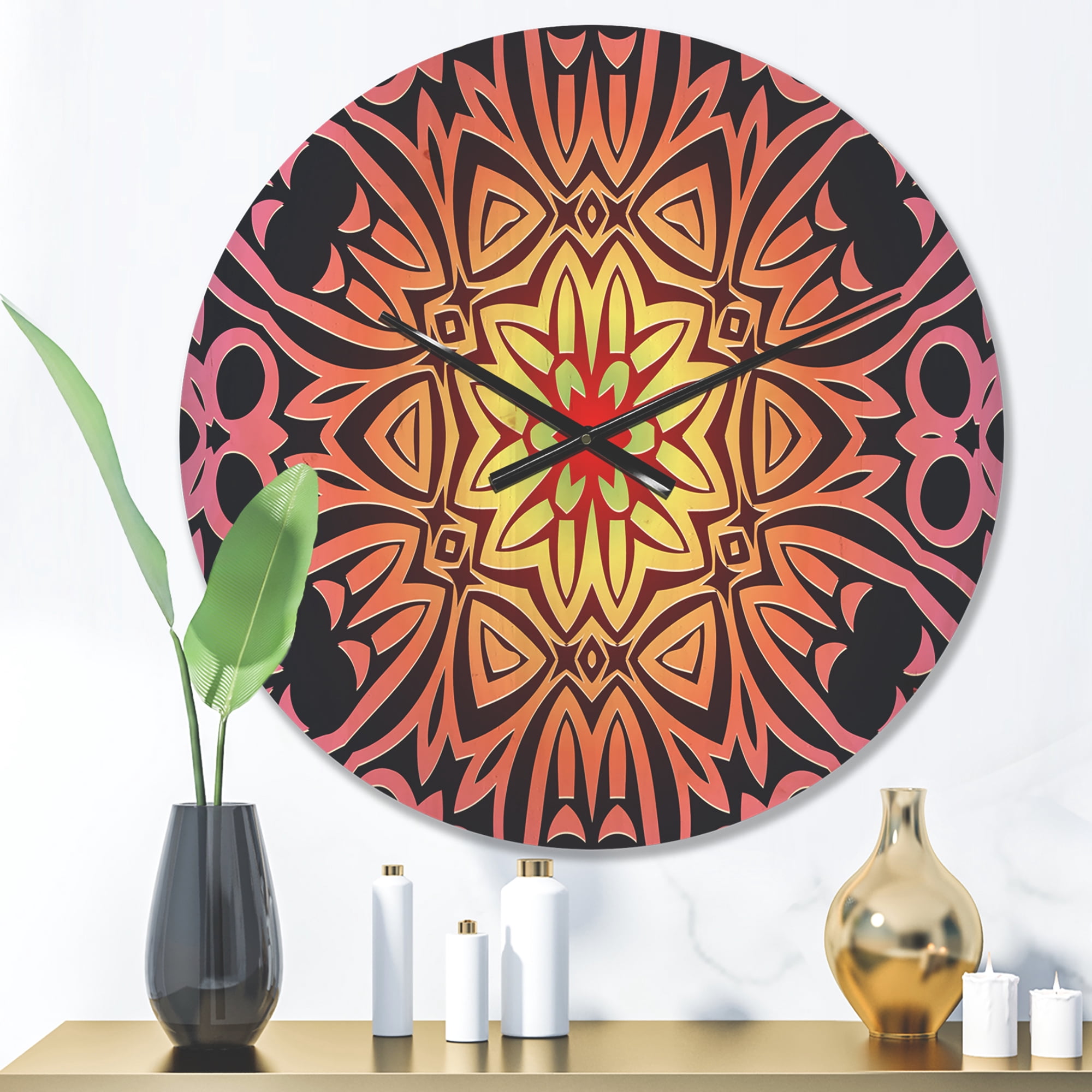Designart 'Abstract Geometric Flower On Red' Modern Wood Wall Clock