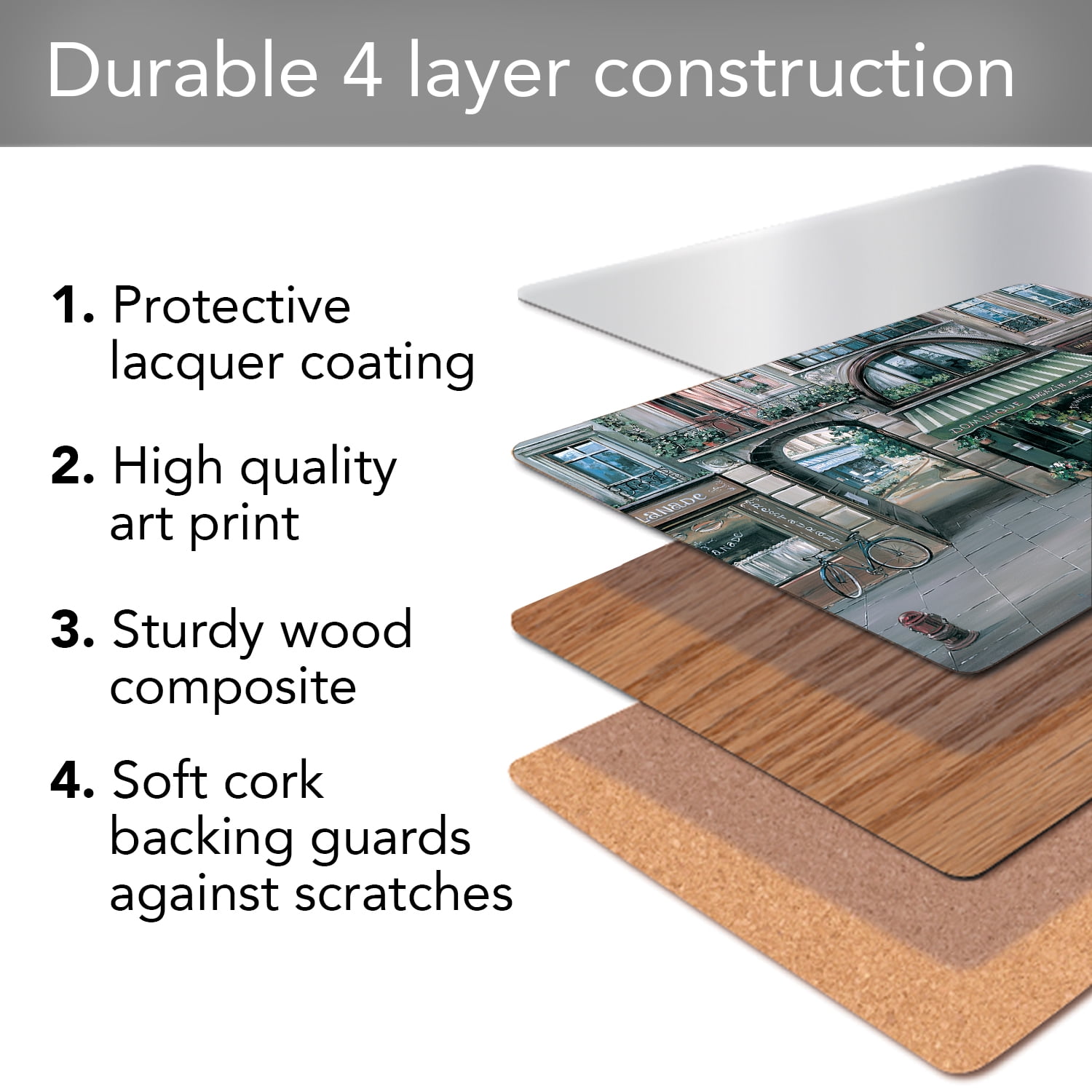 Cala Home "Village Square" Assorted Image Decorative Hardboard Cork Back Tabletop Placemats 4 Pack