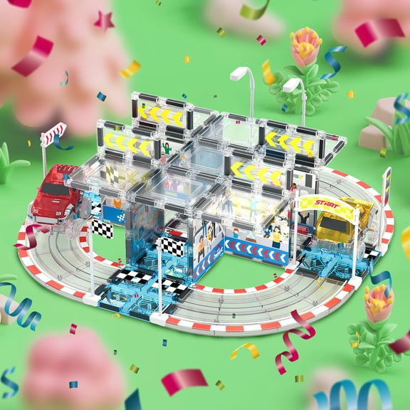 PicassoTiles Race Track Magnetic Tiles for Kids with Racing Toy Car and Truck, 64PCS Building Blocks Set for Creative STEM Play