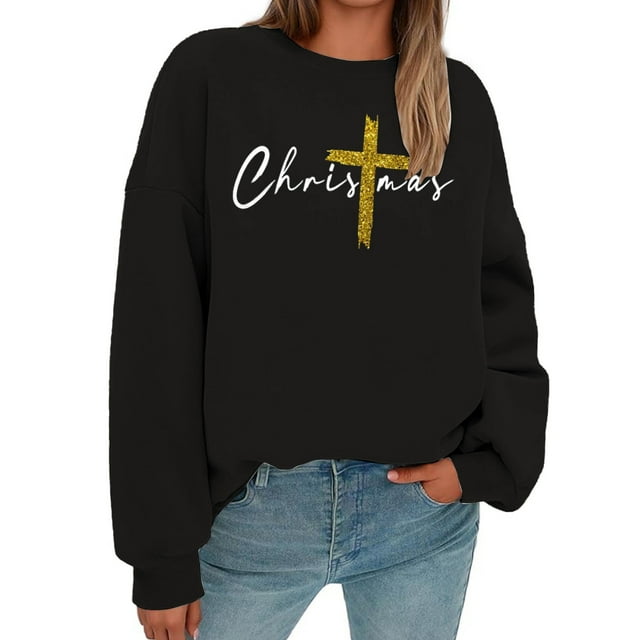 Chandail en Molleton Graphique à Paillettes de Noël pour Femmes Manches Longues Col Rond Décontracté Chandail de Vacances Vêtements de Mode d'Hiver de Noël