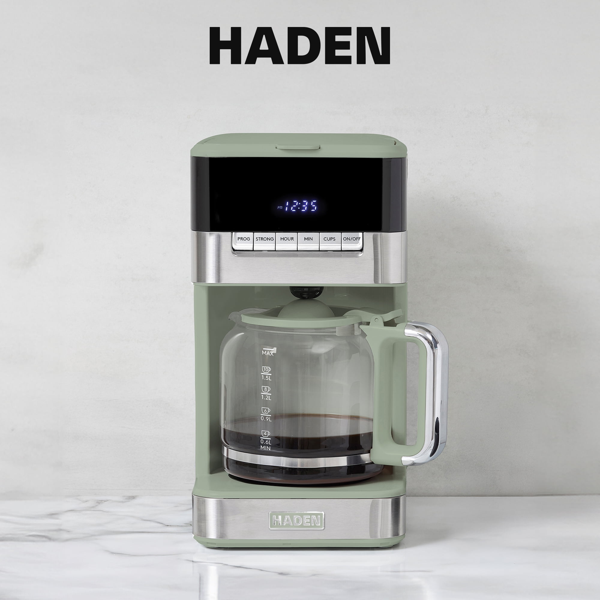 Haden Programmable Drip Coffee Maker, 12 Cup Cafe Machine, Green/Chrome