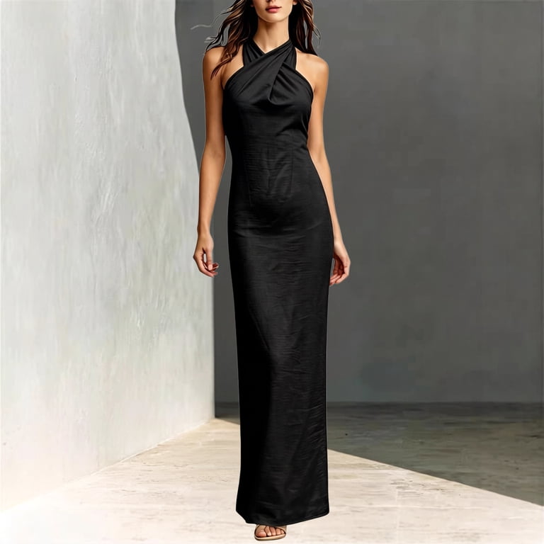 black halter neck wedding guest dress Y-sunset Women's Maxi Dress, Sleeveless Twisted Front Bodycon Long Dress, Formal for Women(Black/S), Size: Small MODERN-FLAIR