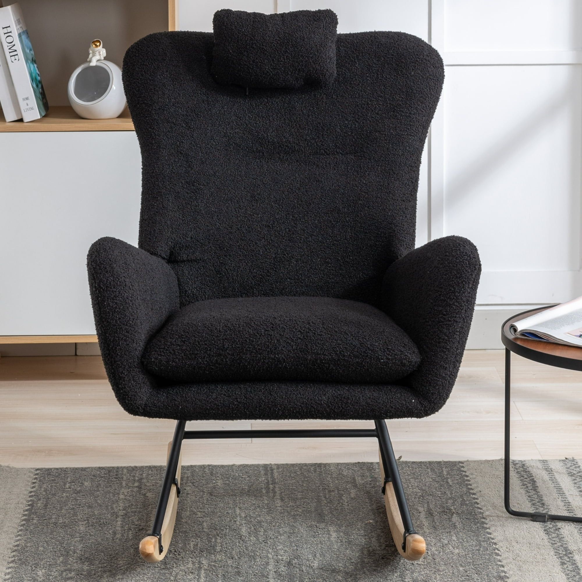 Clipeyh Teddy Fleece Upholstered Glider Rocking Chair, Black