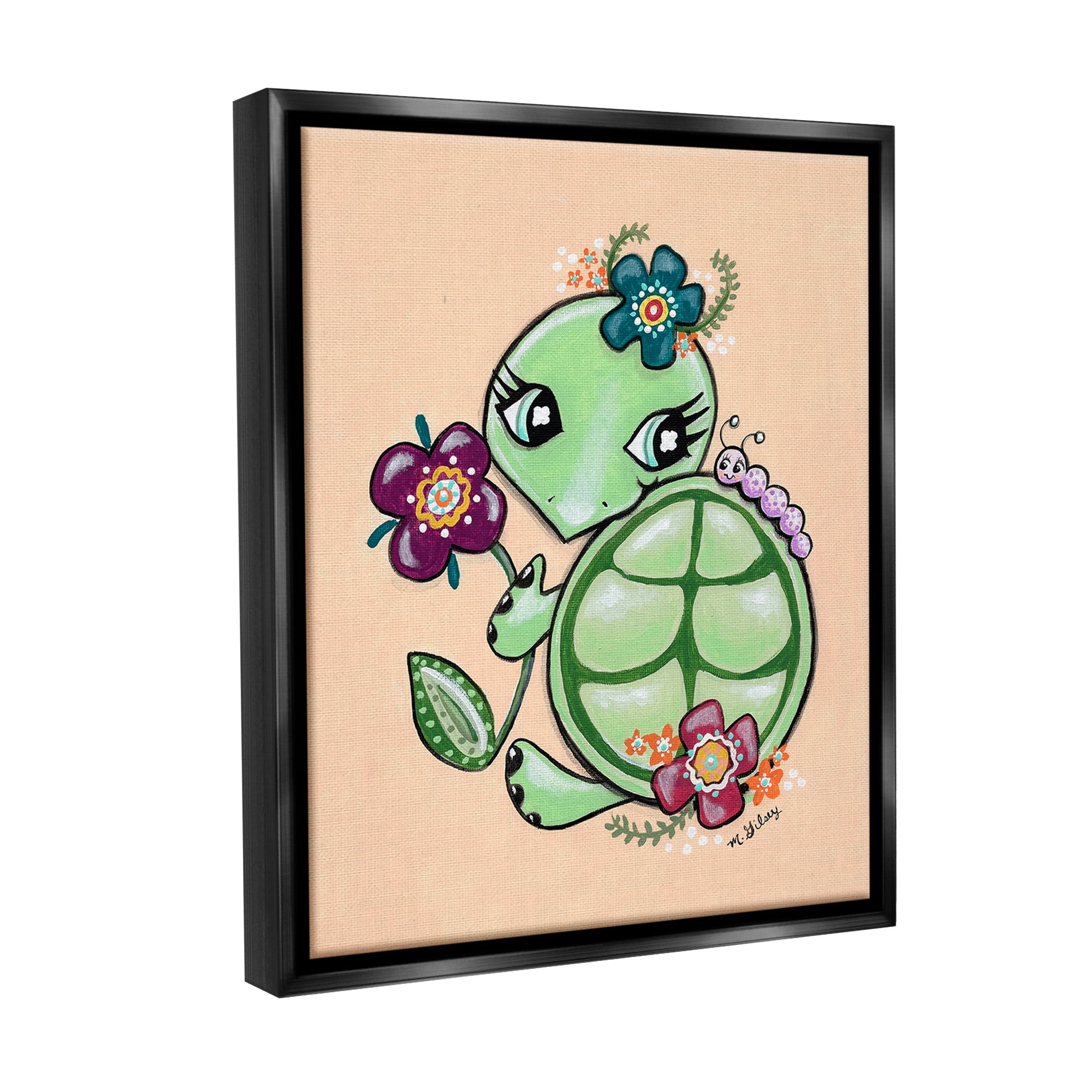 Stupell Industries Floral Blossom Turtle Animals & Insects Painting Black Floater Framed Canvas Art Print Wall Art, 25 x 31