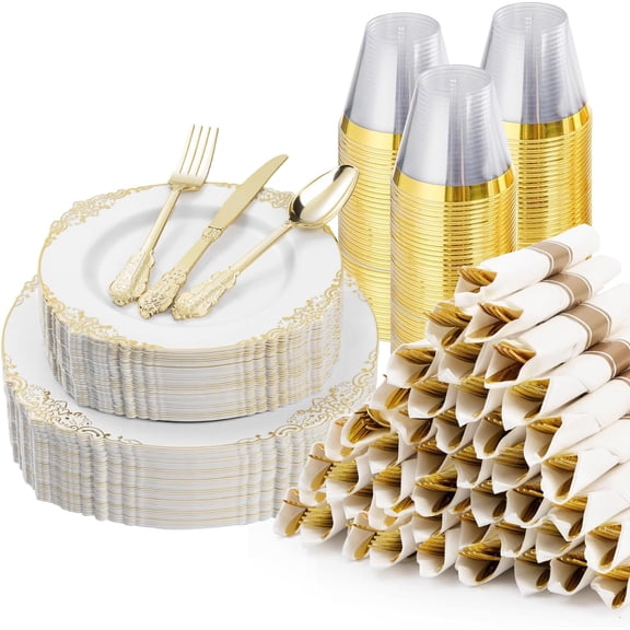 Goodluck 350PCS Gold Plastic Plates for 50 Guests, Disposable Dinnerware Sets Include 100 Gold Rim Plastic Plates, 50 Silverwares, 50 Cups, and 50 Pre Rolled Napkins for Party, Wedding, Graduation
