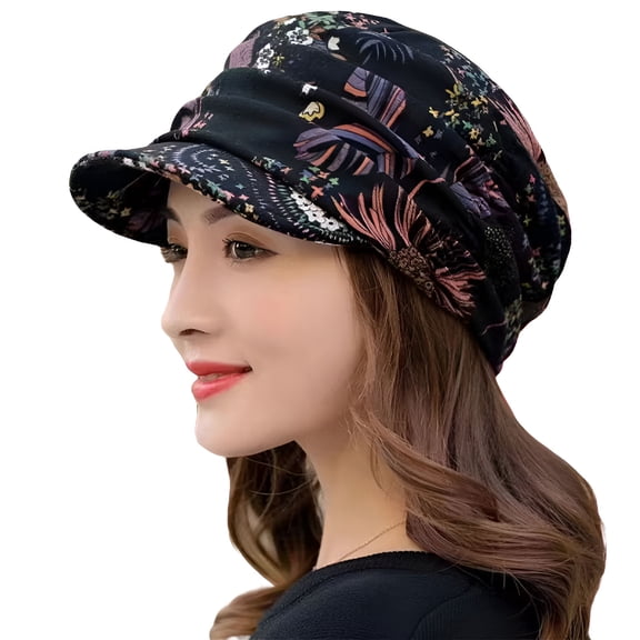 TELOLY Baseball Cap Short Brim Warm Foldable Earflap Women Cap Ethnic Style Floral Print Autumn Winter Hat Daily Clothing Hat