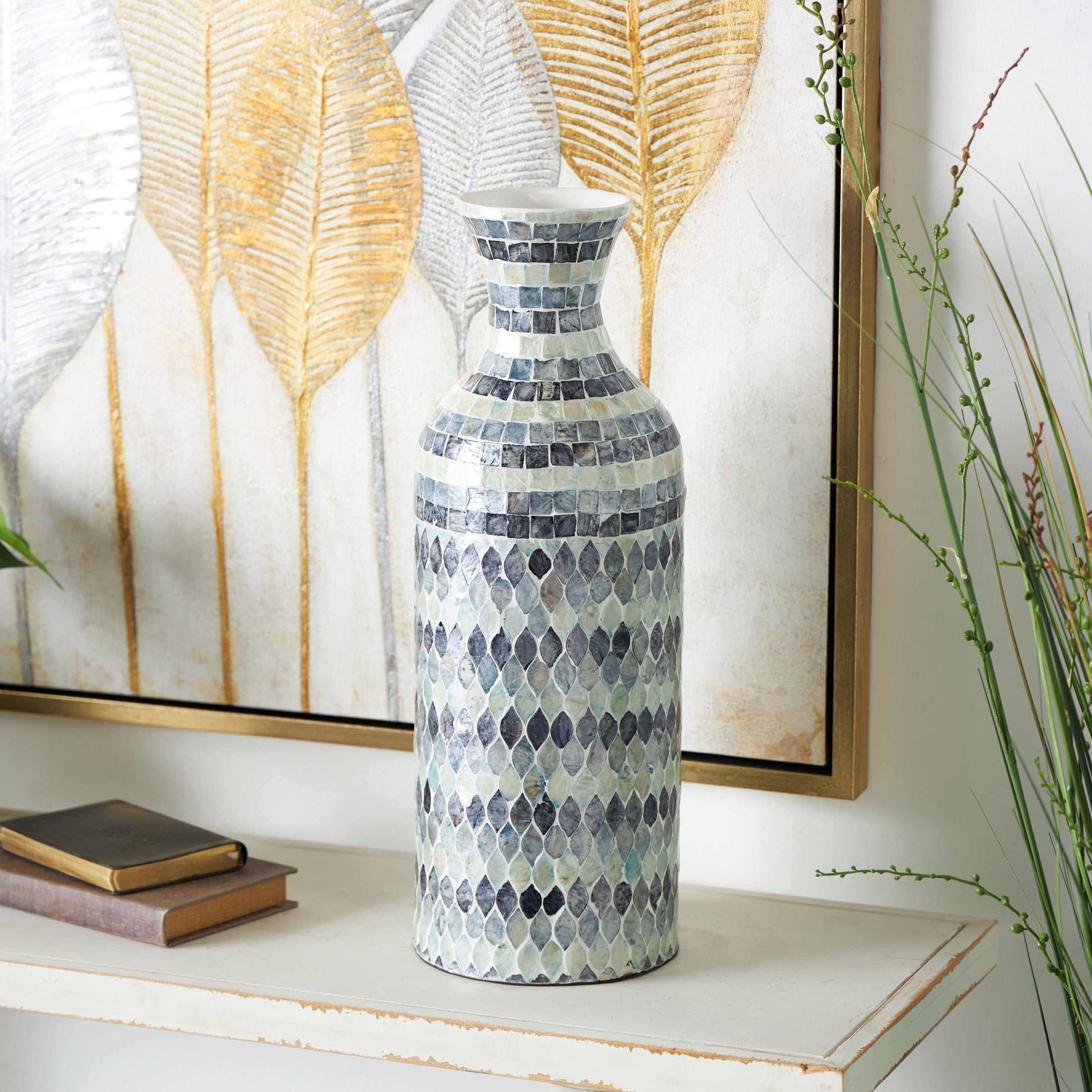 DecMode 20" Handmade Mosaic Blue Mother of Pearl Shell Vase with White Interior