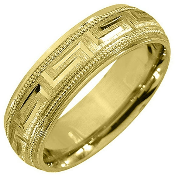 14K Yellow Gold Mens Wedding Band 6mm Satin Milgrain Comfort Fit