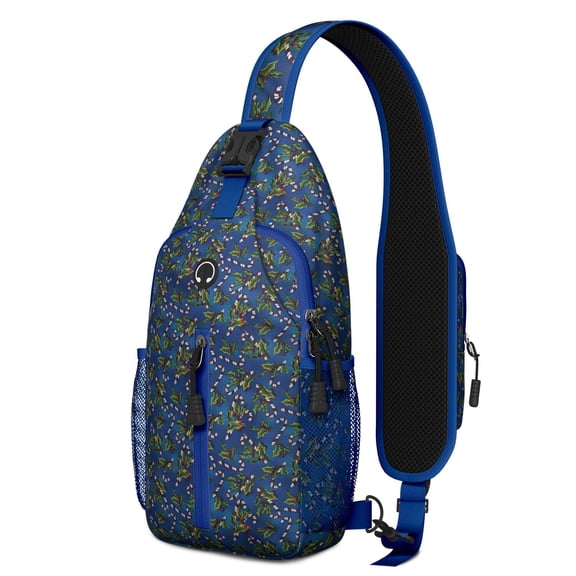 Sling Backpack,Blue Christmas Holly and Candy Cane Pattern Crossbody Bag with Water Bottle Holder,Waterproof Sling Bag for Men/Women with Chest Phone Holder for Hiking,Travel