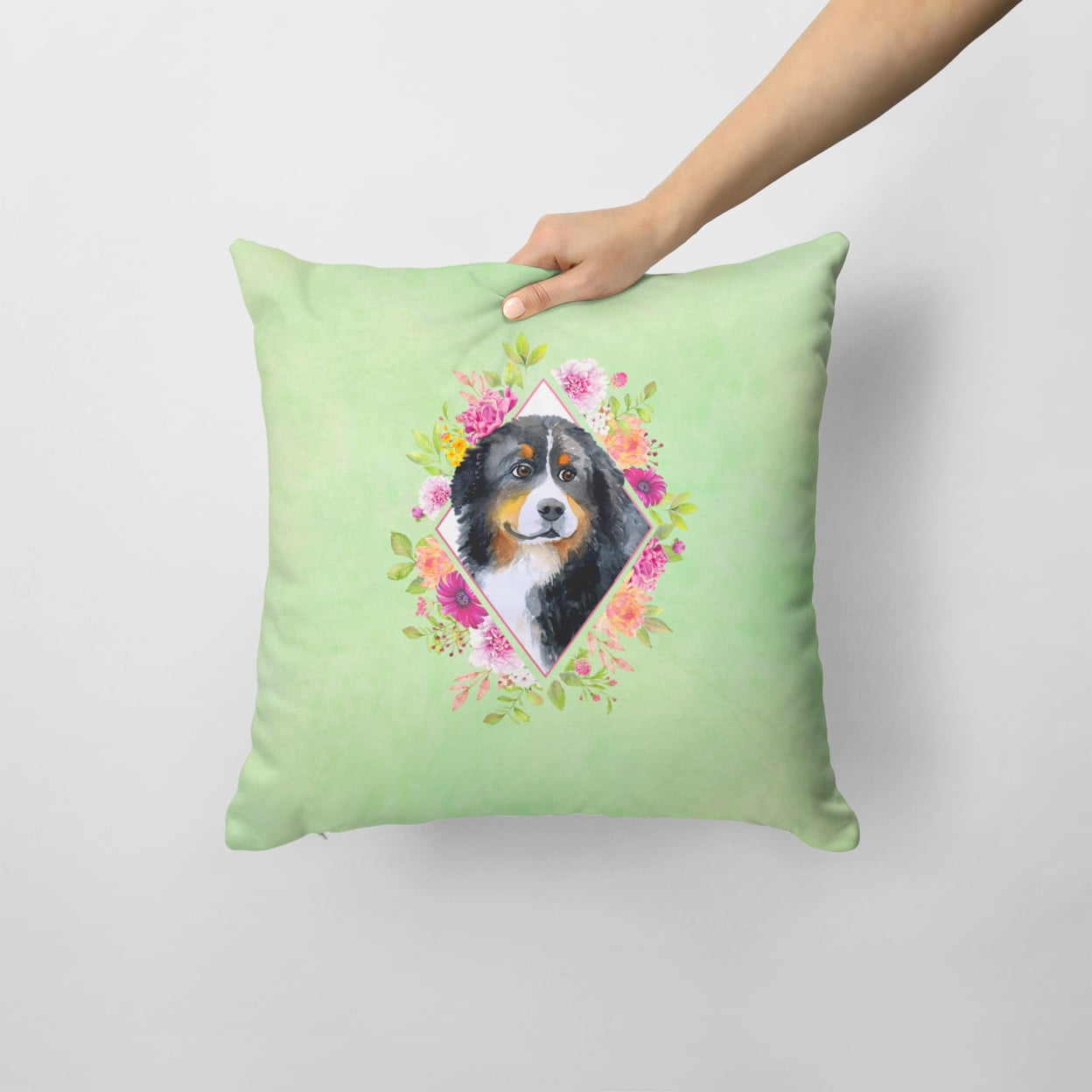 Carolines Treasures CK4278PW1414 Bernese Mountain Dog Green Flowers Fabric Decorative Pillow 14Hx14W multicolor