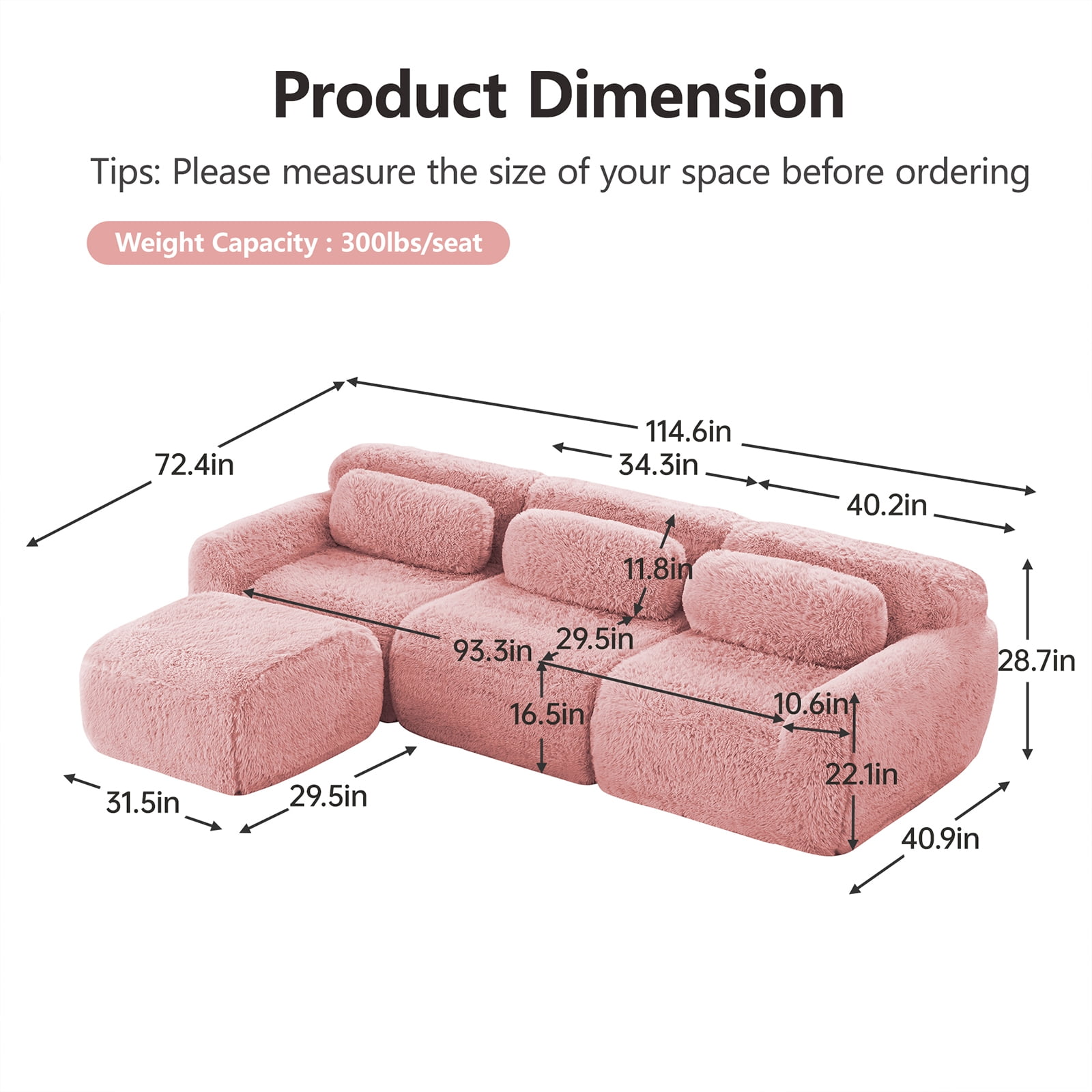 ZenNook 115" Sectional Couches for Living Room, Comfy Boneless Couch, 3 Seater Cloud Sofa, Compressed L Shaped Couch with Ottoman, Modern Modular Sectional, Plush Floor Sofa, No Assembly (Pink)