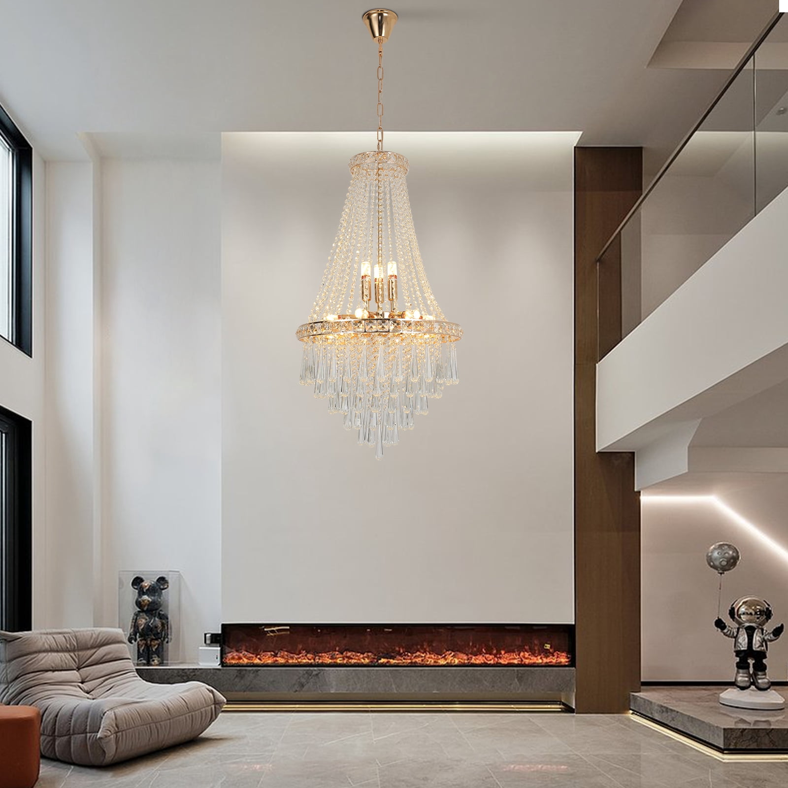 Modern Luxurious Crystal Empire Chandelier, 9-Light Raindrop Pendant Ceiling Light Fixture for Hallway Foyer Dining Room Living Room D19.68'' x H34.64'' Gold/Silver