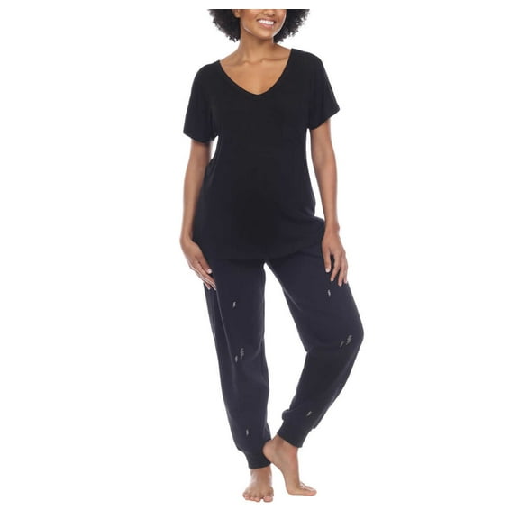 Honeydew Women's 2-piece Pajama Cotton Blend Embroidered Top and Pants Lounge Set-Black / S