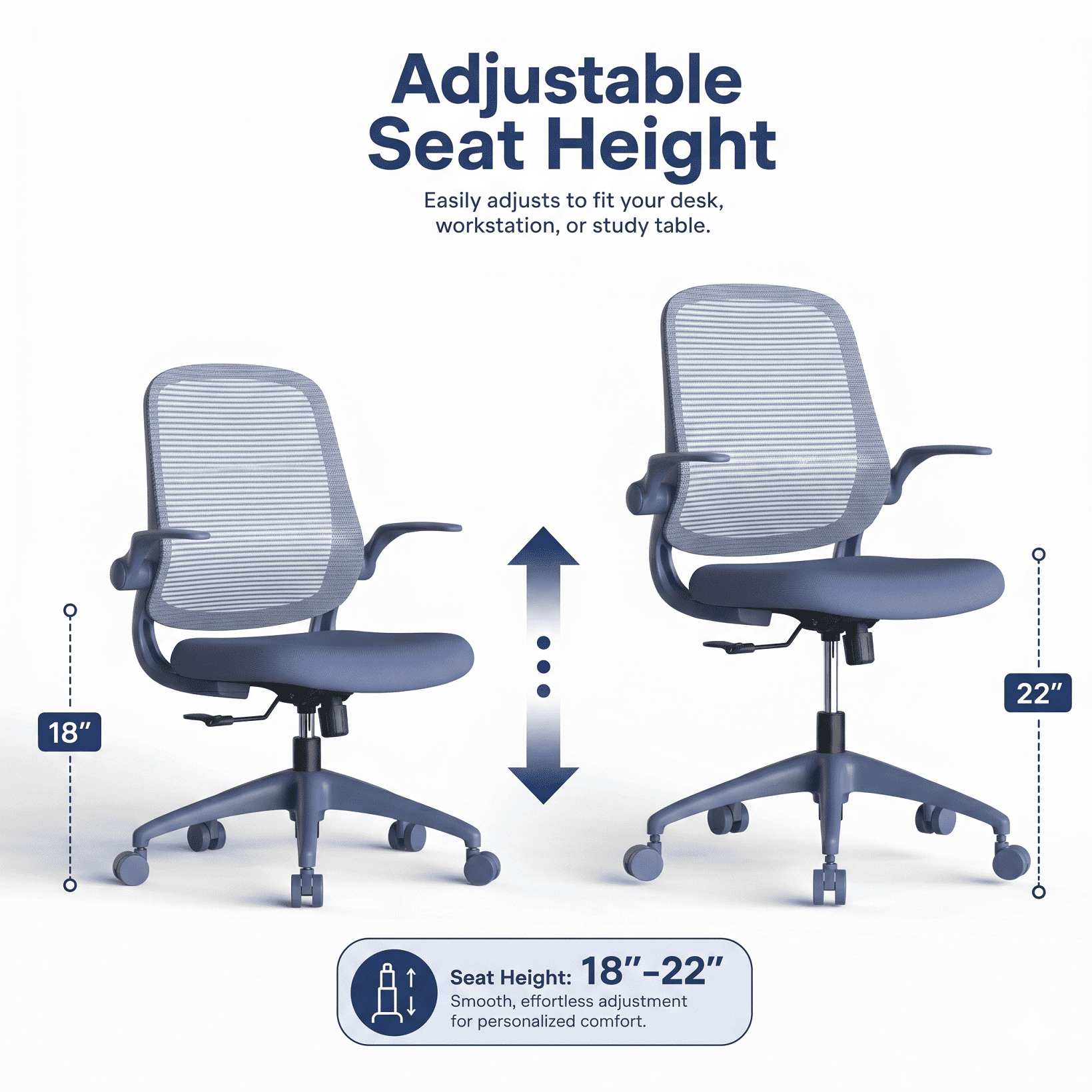 Homy Casa Blue Mesh Office Chair with Flip-Up Arms, Ergonomic Swivel Desk Chair for Home Office
