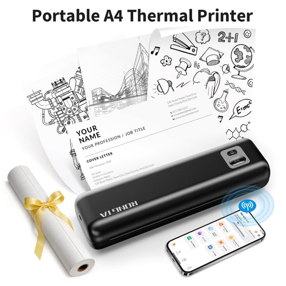 RONGTA F82A Wireless Thermal Printer, Portable A4 Document Printer with Built-in Paper Tray for Office, Home and Travel, Black
