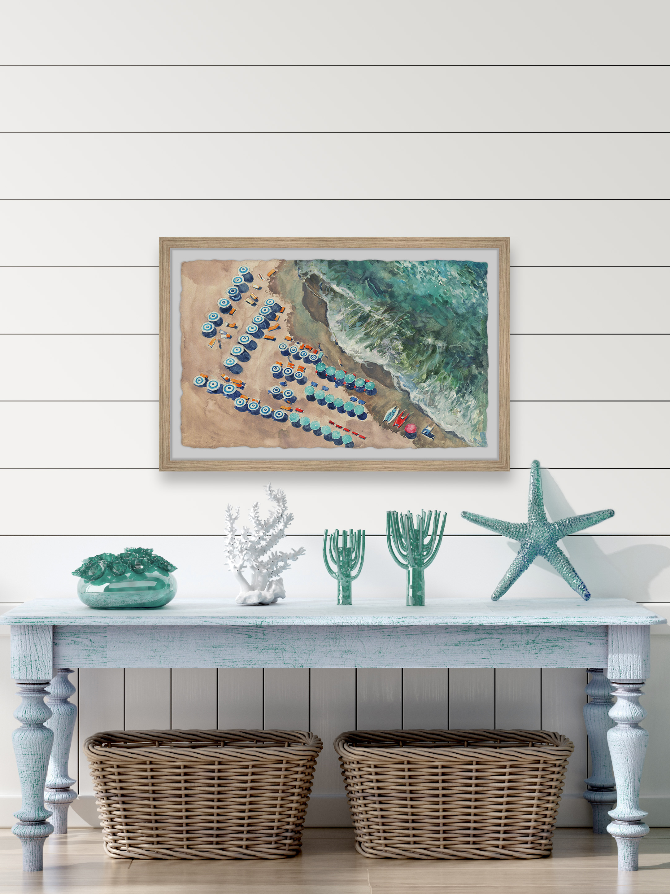 Marmont Hill Blue Beach Umbrellas Framed Wall Art, 1.50" x 18.00"