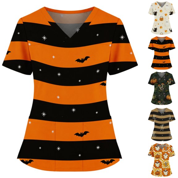 HAJWOH Halloween Women's Medical Scrub Tops Short Sleeve V-Neck Pumpkins Print with Pockets and Side Slit for Halloween Party